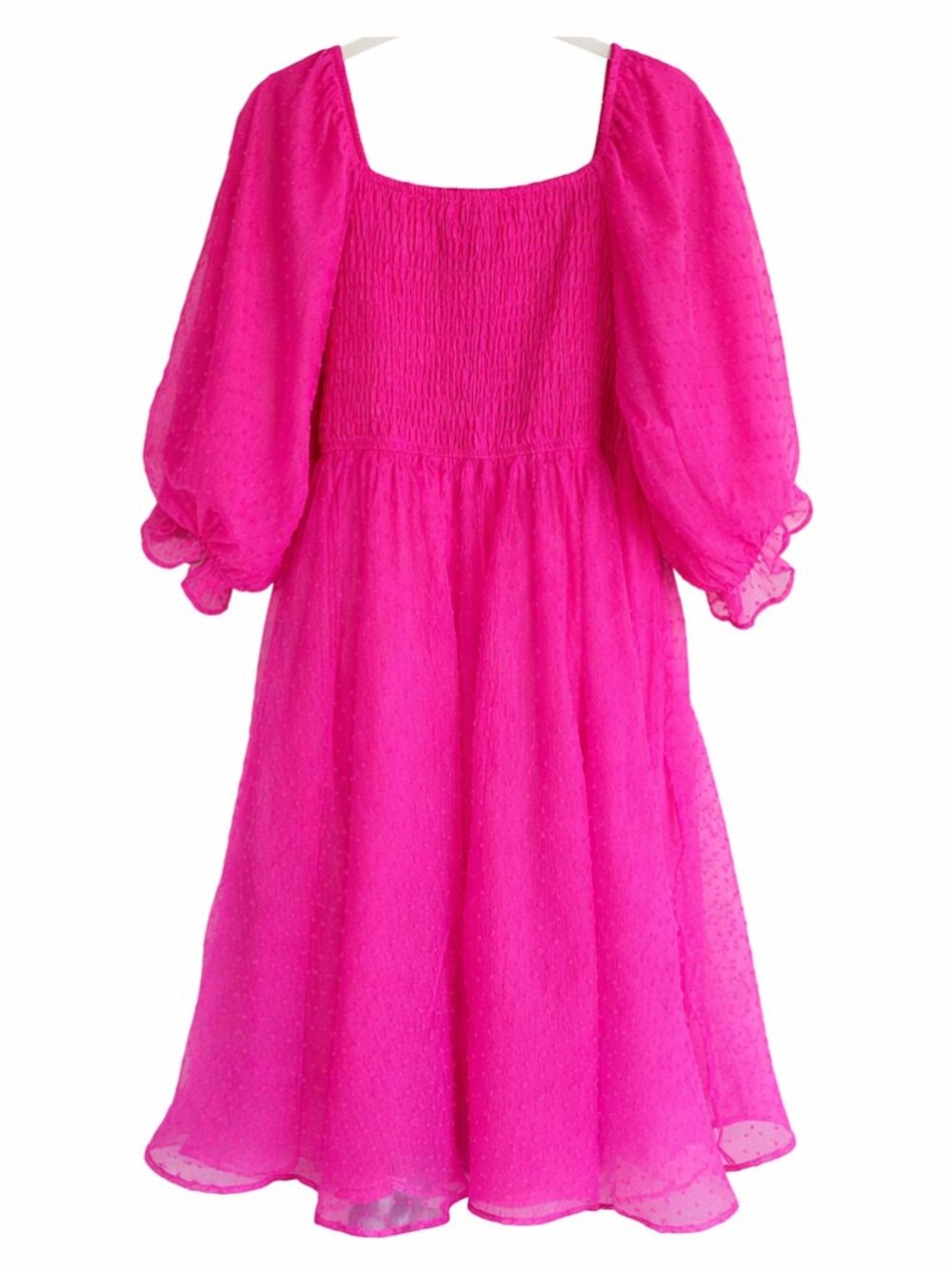 Hot Pink Swiss Dot Smocked Babydoll Mini Dress Puff Sleeve Romantic XL L - Picture 5 of 11